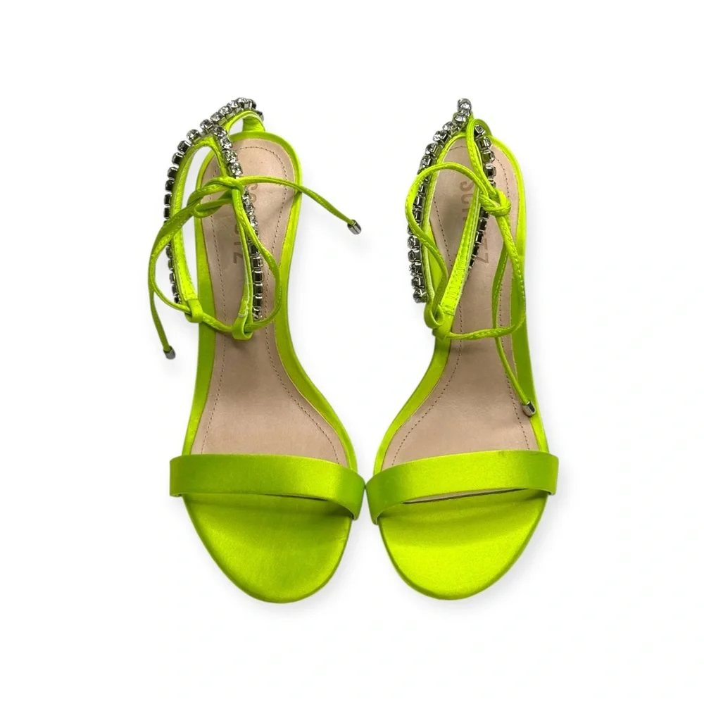 new Schutz 𒀭 Islah Satin + Crystal Heeled Sandals 𒀭Fresh Green [Neon] 𒀭 7.5M